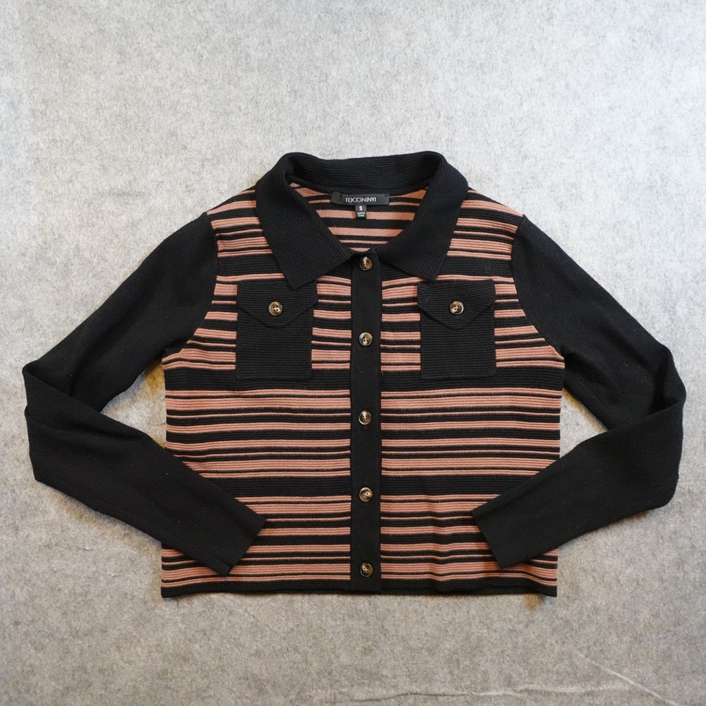 Toccin NY Sweater Women Small Black Brown Addy Polo Cardigan Striped Button
